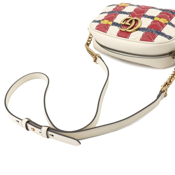 GUCCI GG Marmont Quilted Small Chain Shoulder Bag Leather Ivory Red Navy 447632 - Picture 5 of 9